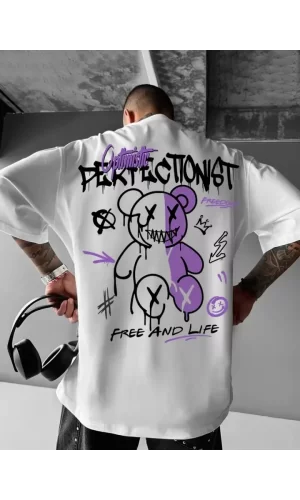 Baskılı Oversize Bisiklet Yaka T-shirt - Beyaz