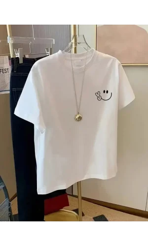 Baskılı Oversize Bisiklet Yaka T-shirt - Beyaz