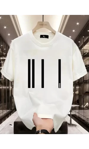 Baskılı Oversize Bisiklet Yaka T-shirt - Beyaz