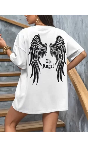 Baskılı Oversize Bisiklet Yaka T-shirt - Beyaz