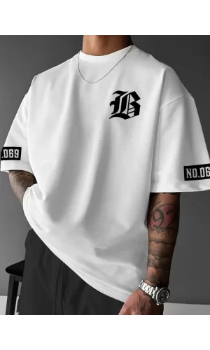 Baskılı Oversize Bisiklet Yaka T-shirt - Beyaz