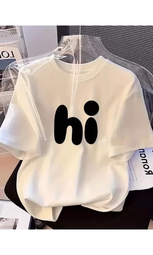Luz&Pos 20/1 Penye Compack Baskılı Oversize Bisiklet Yaka Kısa Kol Yazlık T-shirt - Beyaz