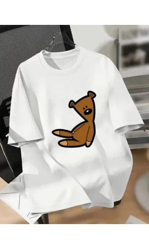 Baskılı Oversize Bisiklet Yaka T-shirt - Beyaz