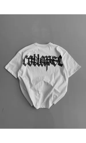 Baskılı Oversize Bisiklet Yaka T-shirt - Beyaz