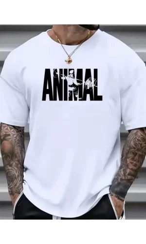 Baskılı Oversize Bisiklet Yaka T-shirt - Beyaz