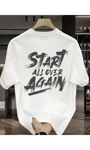Baskılı Oversize Bisiklet Yaka T-shirt - Beyaz