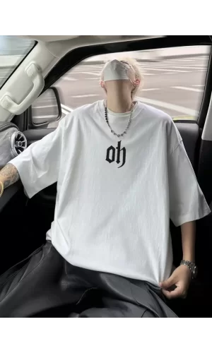 Baskılı Oversize Bisiklet Yaka T-shirt - Beyaz
