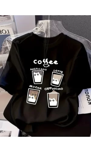 Baskılı Oversize Bisiklet Yaka T-shirt - Siyah