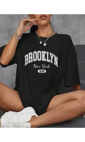 Baskılı Oversize Bisiklet Yaka T-shirt - Siyah