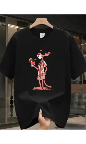 Baskılı Oversize Bisiklet Yaka T-shirt - Siyah