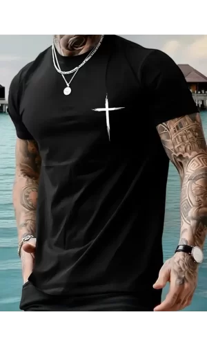 Baskılı Oversize Bisiklet Yaka T-shirt - Siyah