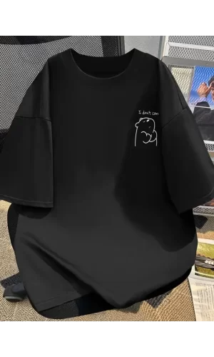 Baskılı Oversize Bisiklet Yaka T-shirt - Siyah