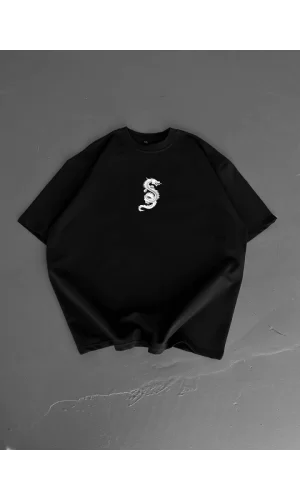 Baskılı Oversize Bisiklet Yaka T-shirt - Siyah