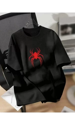 Baskılı Oversize Bisiklet Yaka T-shirt - Siyah
