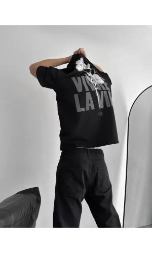 Baskılı Oversize Bisiklet Yaka T-shirt - Siyah