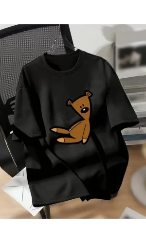 Baskılı Oversize Bisiklet Yaka T-shirt - Siyah