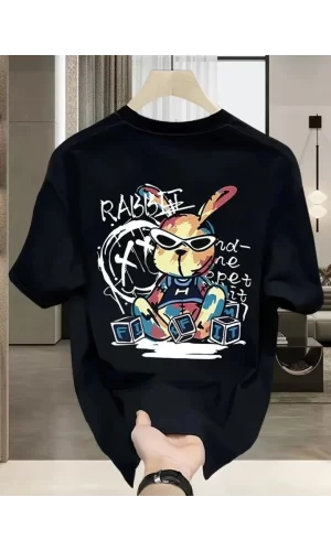 Baskılı Oversize Bisiklet Yaka T-shirt - Siyah