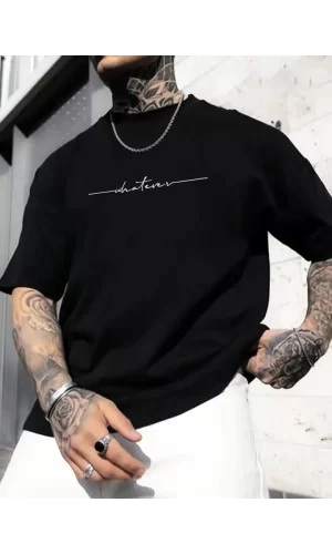 Baskılı Oversize Bisiklet Yaka T-shirt - Siyah