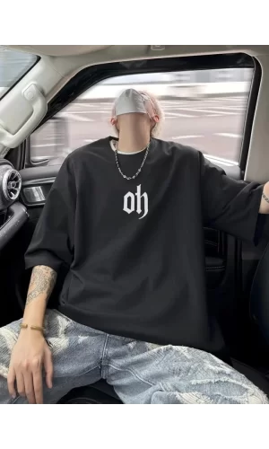 Baskılı Oversize Bisiklet Yaka T-shirt - Siyah