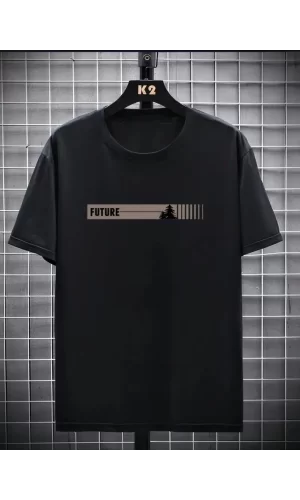 Baskılı Oversize Bisiklet Yaka T-shirt - Siyah