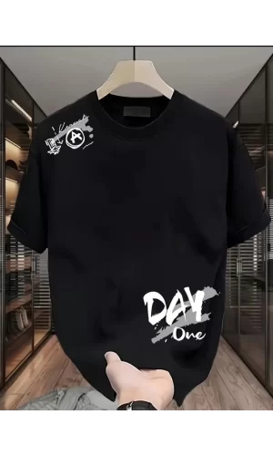 Baskılı Oversize Bisiklet Yaka T-shirt - Siyah