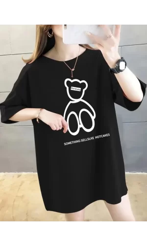 Baskılı Oversize Bisiklet Yaka T-shirt - Siyah