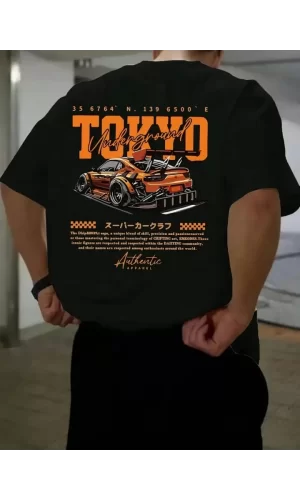 Baskılı Oversize Bisiklet Yaka T-shirt - Siyah