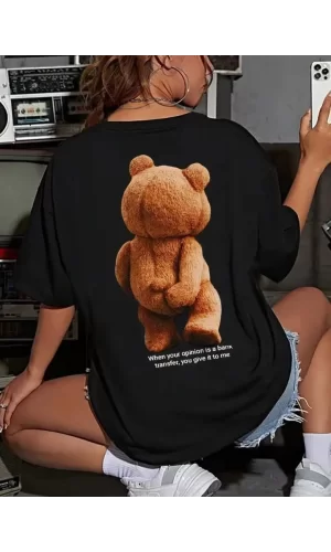 Baskılı Oversize Bisiklet Yaka T-shirt - Siyah
