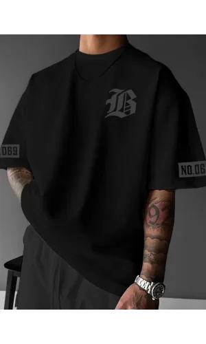 Baskılı Oversize Bisiklet Yaka T-shirt - Siyah