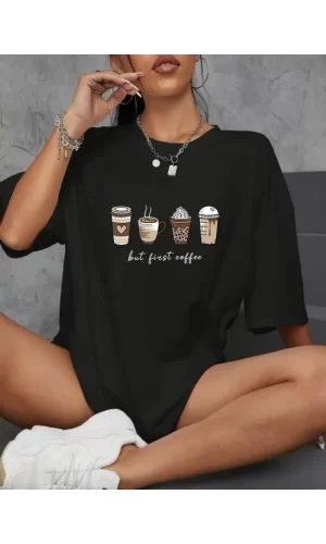 Baskılı Oversize Bisiklet Yaka T-shirt - Siyah