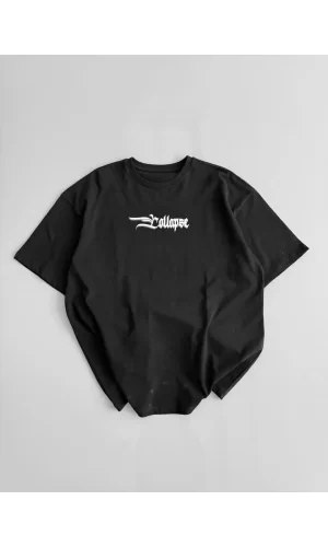 Luz&Pos 20/1 Penye Compack Unisex Baskılı Oversize Bisiklet Yaka Kısa Kol Yazlık T-shirt - Siyah