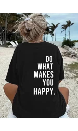 Baskılı Oversize Bisiklet Yaka T-shirt - Siyah