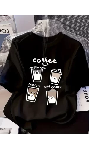 Luz&Pos 20/1 Penye Compack Baskılı Oversize Bisiklet Yaka Kısa Kol Yazlık T-shirt - Siyah
