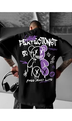 Baskılı Oversize Bisiklet Yaka T-shirt - Siyah