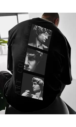 Baskılı Oversize Bisiklet Yaka T-shirt - Siyah