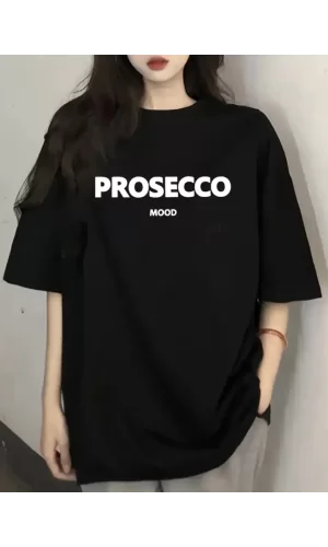 Baskılı Oversize Bisiklet Yaka T-shirt - Siyah