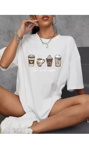 Luz&Pos 20/1 Penye Compack Baskılı Oversize Kahve Desenli Kadın Kısa Kol T-shirt - Beyaz