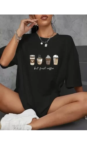 Luz&Pos 20/1 Penye Compack Baskılı Oversize Kahve Desenli Kadın Kısa Kol Yazlık T-shirt - Siyah