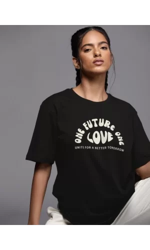 Baskılı Oversize T-shirt - Siyah