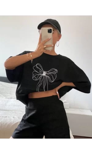 Baskılı Oversize T-shirt - Siyah