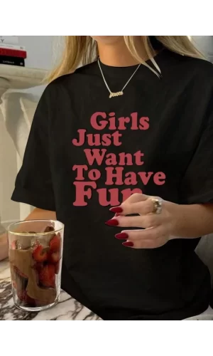 Baskılı Oversize T-shirt - Siyah