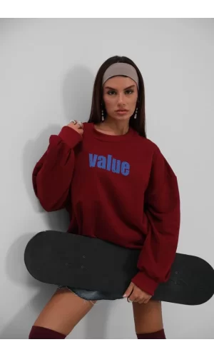Baskılı Sıfır Yaka Oversize Sweatshirt