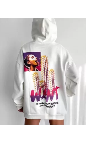 Luz&Pos Baskılı Üç İplik Kapüşonlu Oversize Sweatshirt - Beyaz