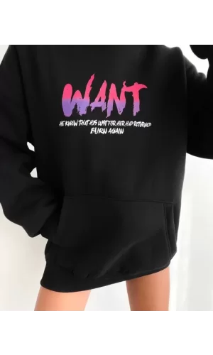 Baskılı Üç İplik Kapüşonlu Oversize Sweatshirt - Siyah