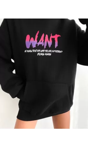Luz&Pos Baskılı Üç İplik Kapüşonlu Oversize Sweatshirt - Siyah