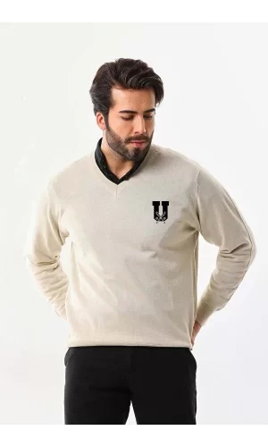 Baskılı V Yaka Uzun Kol Dokuma Triko - Bej