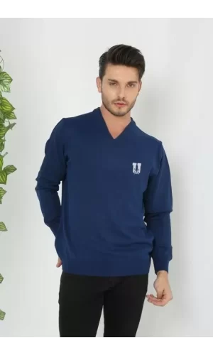 Baskılı V Yaka Uzun Kol Dokuma Triko - Indigo