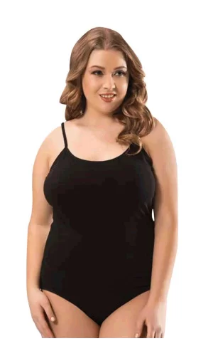 Battal Beden İp Askılı Kadın Çıtçıtlı Body Siyah