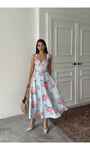 Bebe Mavi İnce Kemer Detaylı Elbise