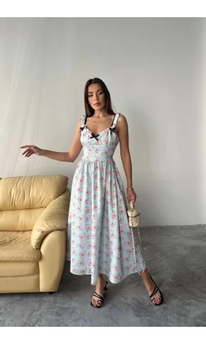 Bebe Mavi Önü Fiyonklu Çiçekli Elbise